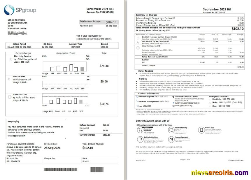 Singapore SP Group utility bill 2 pages